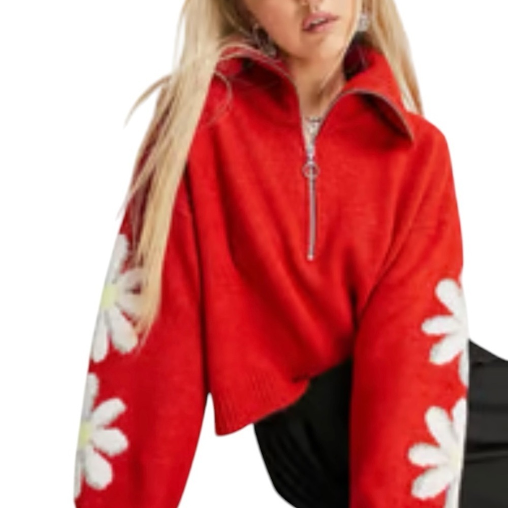 TOPSHOP Red Daisy Quarter Zip Collared Crop Cozy Knit Sweater Womens 10 - Picture 4 of 15